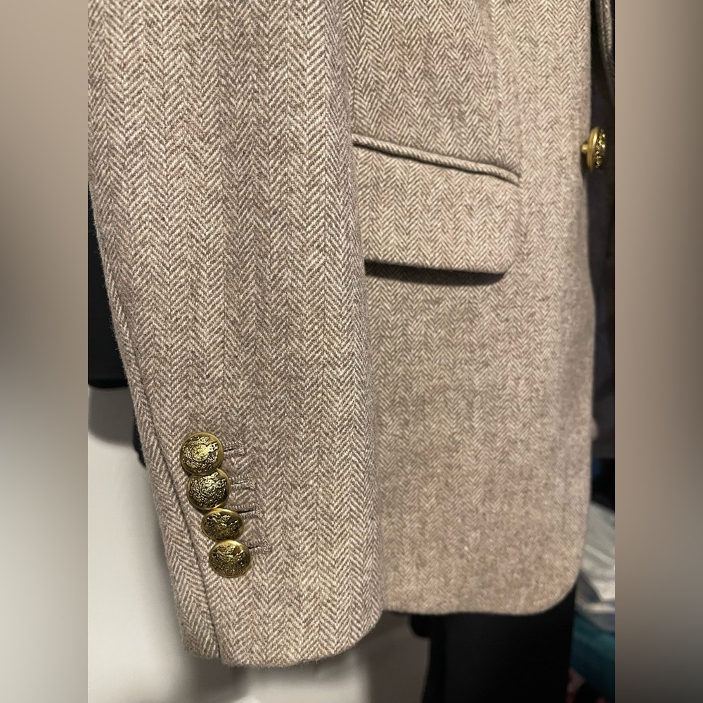 Banana Republic Herringbone Tweed Double-Breasted Blazer Beige with Gold Buttons - Picture 3 of 8